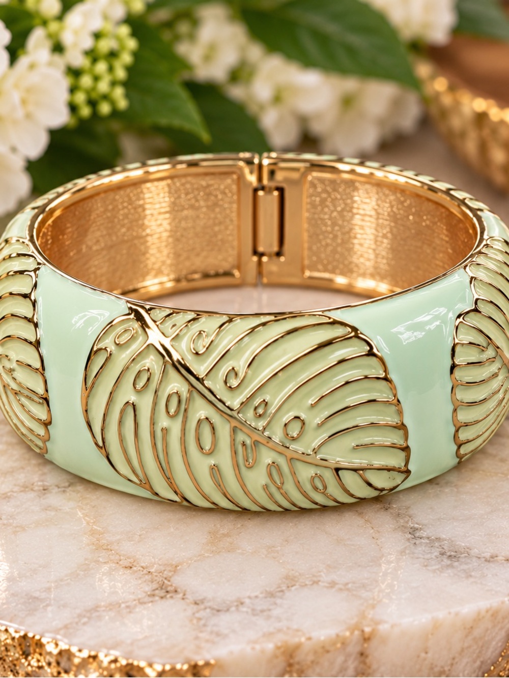 Nordstrom Sequin Mint Green Enamel Gold Leaf Hinged Cuff Bangle Bracelet